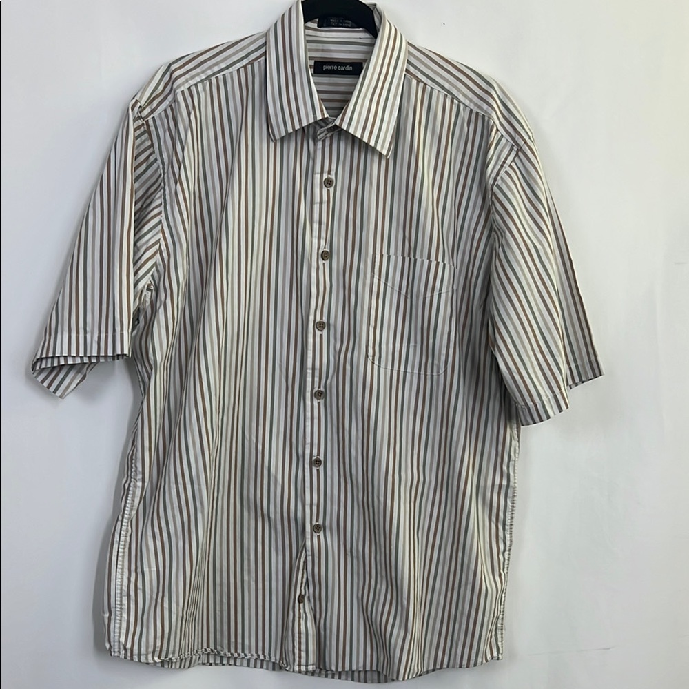 Pierre Cardin White and Brown Casual Button Down Shirt neutral vertical stripe
